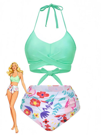 Mintgrün 1940er Blumen Hohe Taille Bikini Set