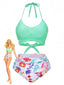 Mintgrün 1940er Blumen Hohe Taille Bikini Set