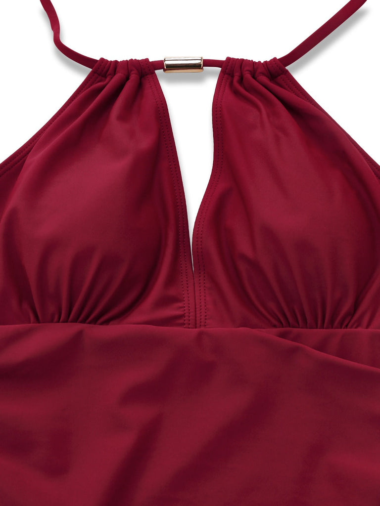 1940er Gerafft Tiefer V-Ausschnitt Halter Einteiliger Badeanzug