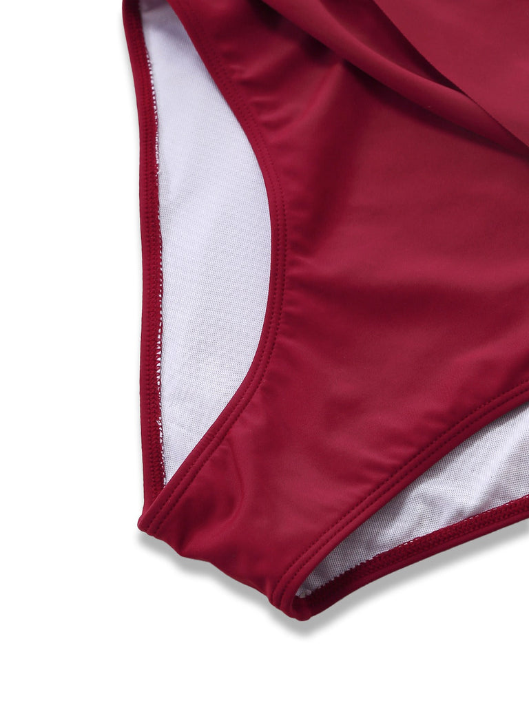 1940er Gerafft Tiefer V-Ausschnitt Halter Einteiliger Badeanzug