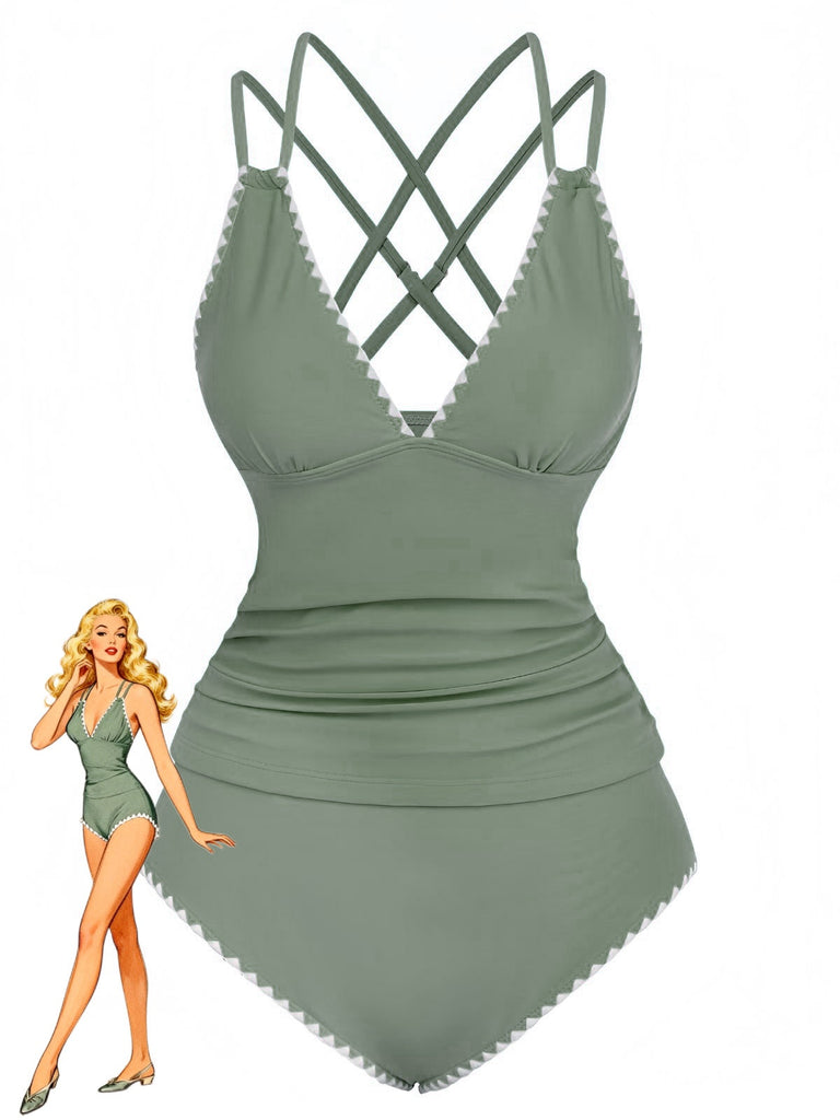 1940er Farbblock Tiefer V-Ausschnitt Rücken-Kreuzung Tankini Set