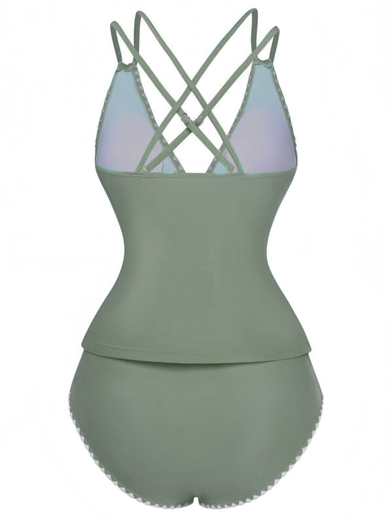 1940er Farbblock Tiefer V-Ausschnitt Rücken-Kreuzung Tankini Set