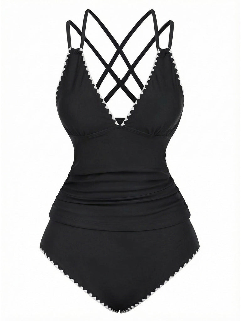 1940er Farbblock Tiefer V-Ausschnitt Rücken-Kreuzung Tankini Set