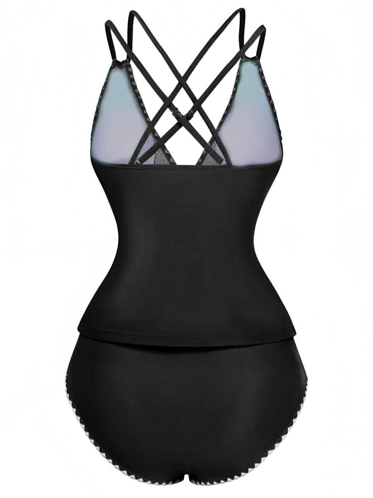 1940er Farbblock Tiefer V-Ausschnitt Rücken-Kreuzung Tankini Set