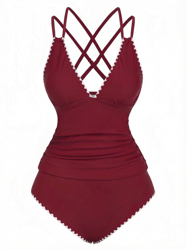 1940er Farbblock Tiefer V-Ausschnitt Rücken-Kreuzung Tankini Set