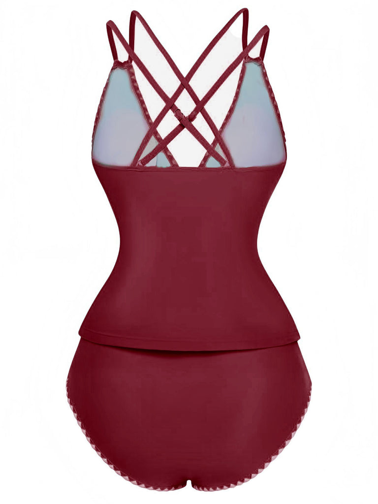 1940er Farbblock Tiefer V-Ausschnitt Rücken-Kreuzung Tankini Set