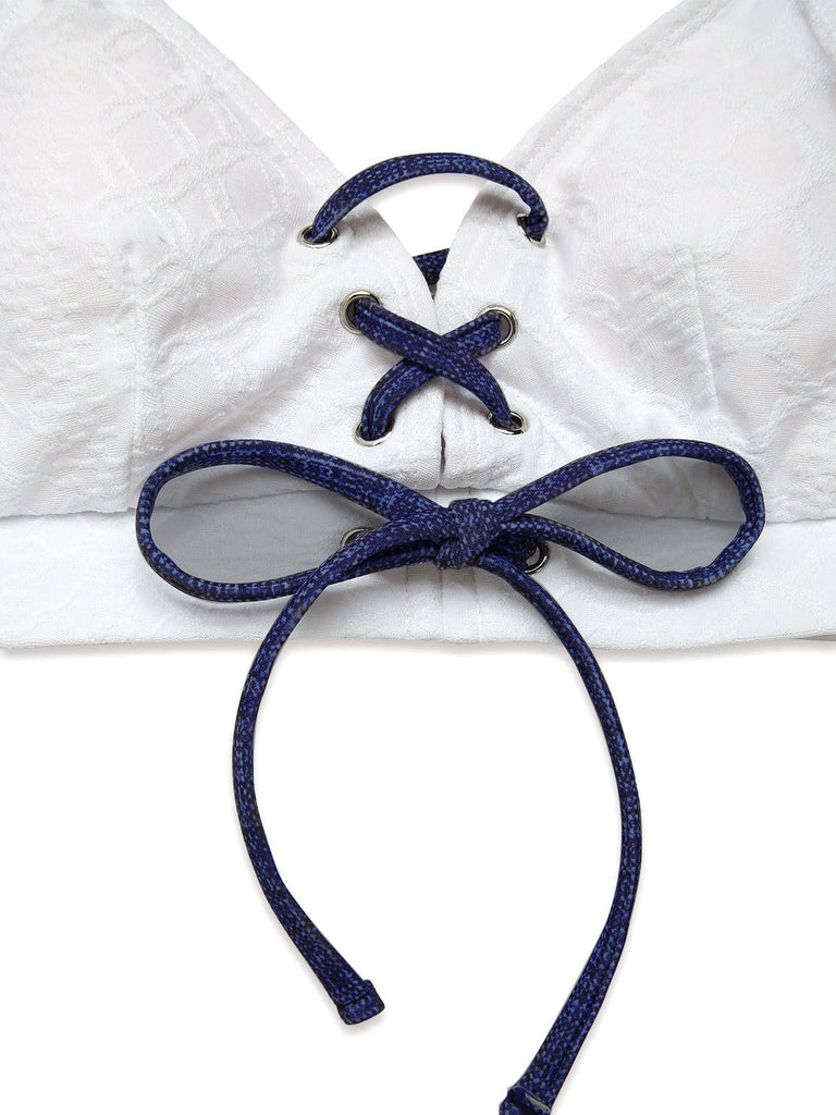 Blau 1940er Schnürung Halter Schein-Denim Bikini Set
