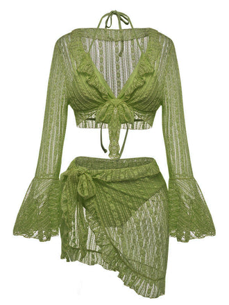 Grünes 70er Neckholder-Bikini-Set & transparentes Cover-Up mit Glockenärmeln