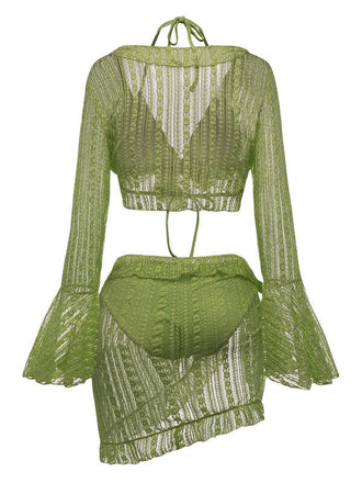 Grünes 70er Neckholder-Bikini-Set & transparentes Cover-Up mit Glockenärmeln