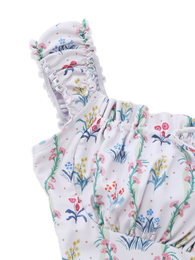 Weiß 1970er Blumen Rüschen Kappärmel Badeanzug-Kleid
