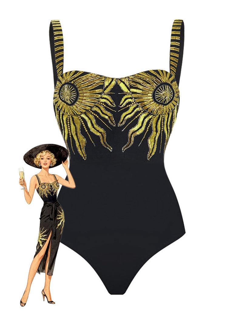Schwarz 1950er Pailletten Sonnenblume Rückenfrei Badeanzug & Cover-Up