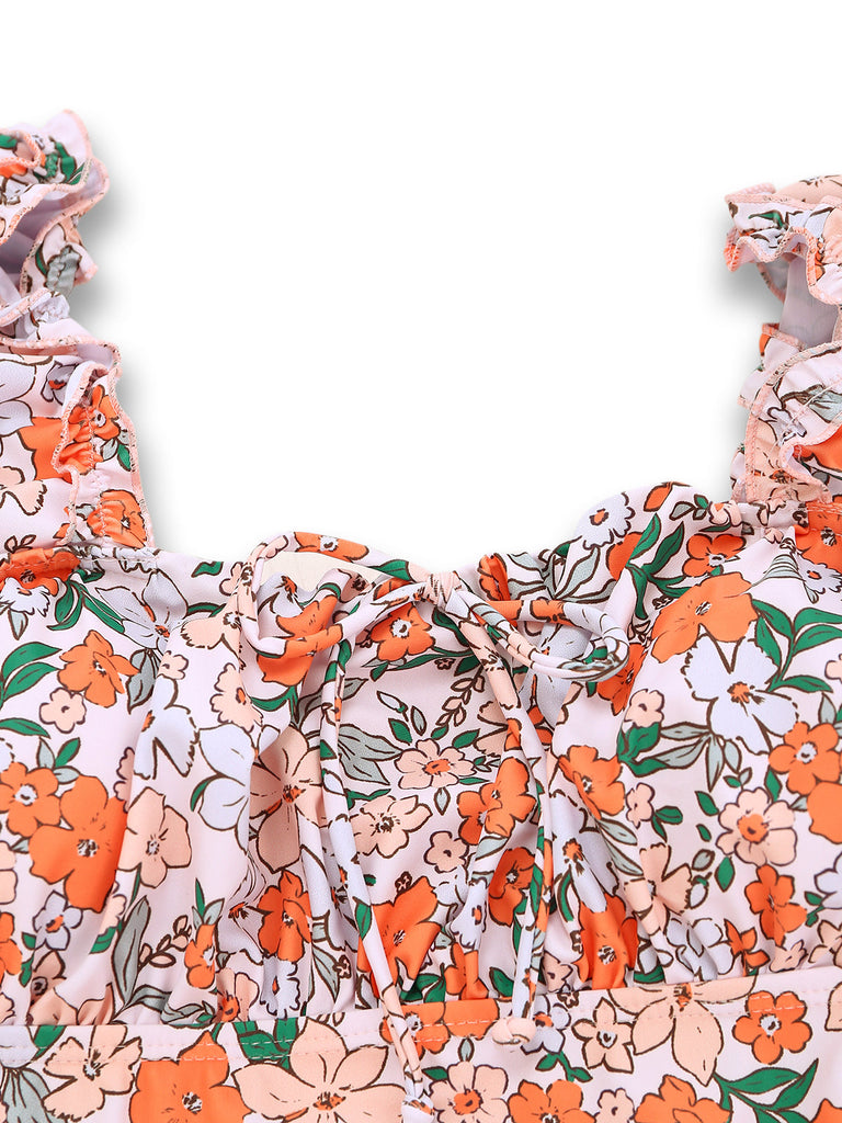1950er Blumen Rüschen Flügelärmel Einteiliger Badeanzug