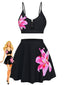 Schwarz 1940er Blumen Metallschnalle Tankini Set