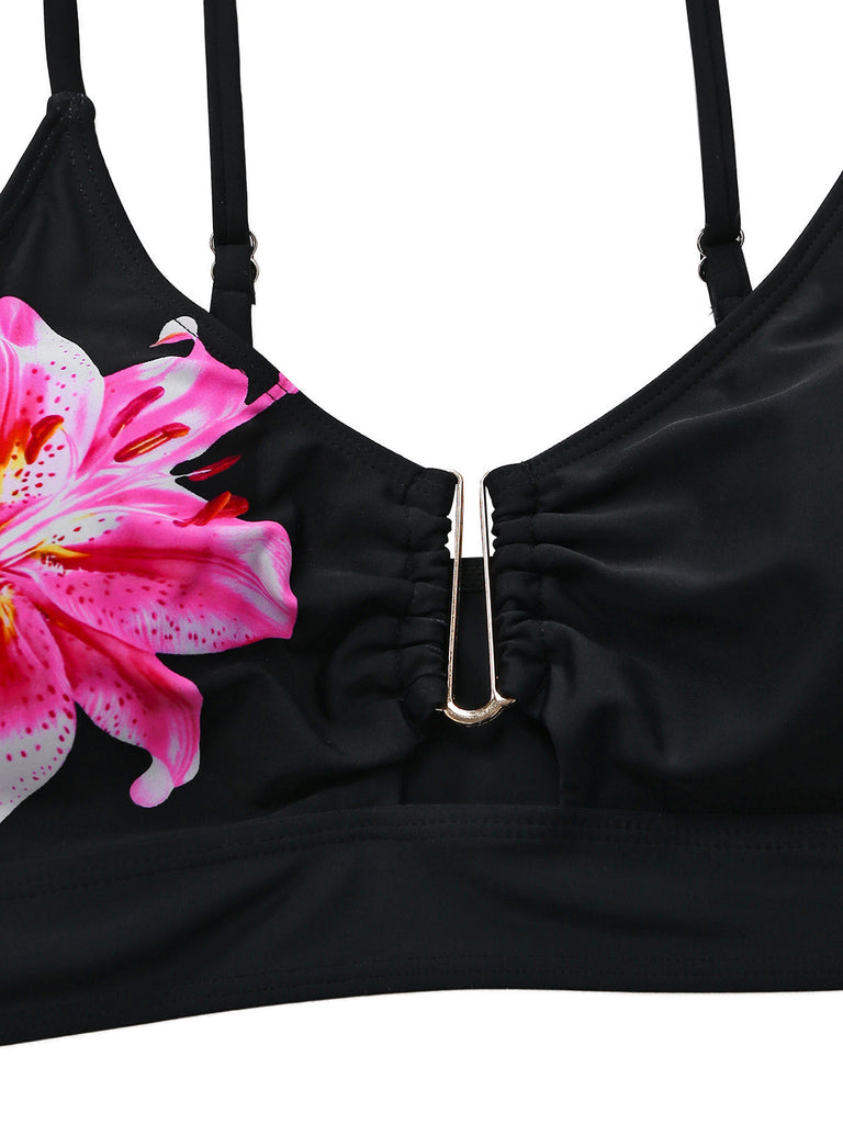Schwarzes Tankini-Set mit Blumen-Metallschnalle aus den 1940er Jahren