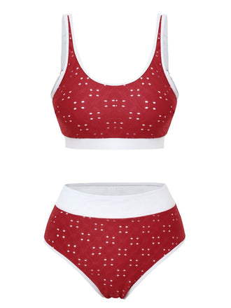1940er Lochstickerei Hohe Taille Farbblock Tankini Set