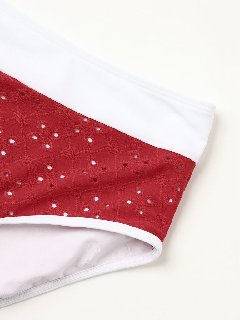 1940er Lochstickerei Hohe Taille Farbblock Tankini Set