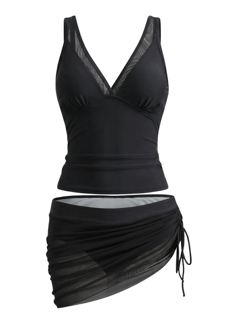 60er Tankini-Set & Cover-Up mit Mesh und Raffungen