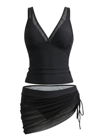 Schwarzes 60er Tankini-Set & Cover-Up mit Mesh und Raffungen