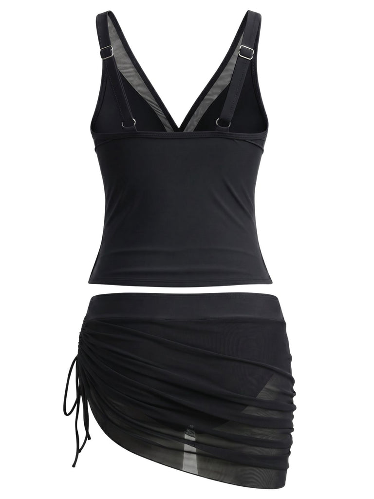 60er Tankini-Set & Cover-Up mit Mesh und Raffungen