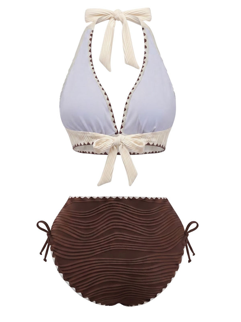 50er Bikini-Set mit Neckholder, hoher Taille und geripp