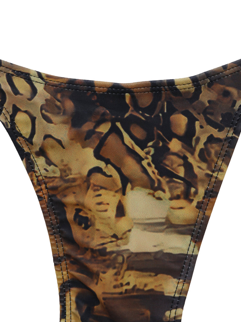 Hellbraunes 1960er-Tankini-Set mit Leopardenmuster und Rüschen vorne zum Binden