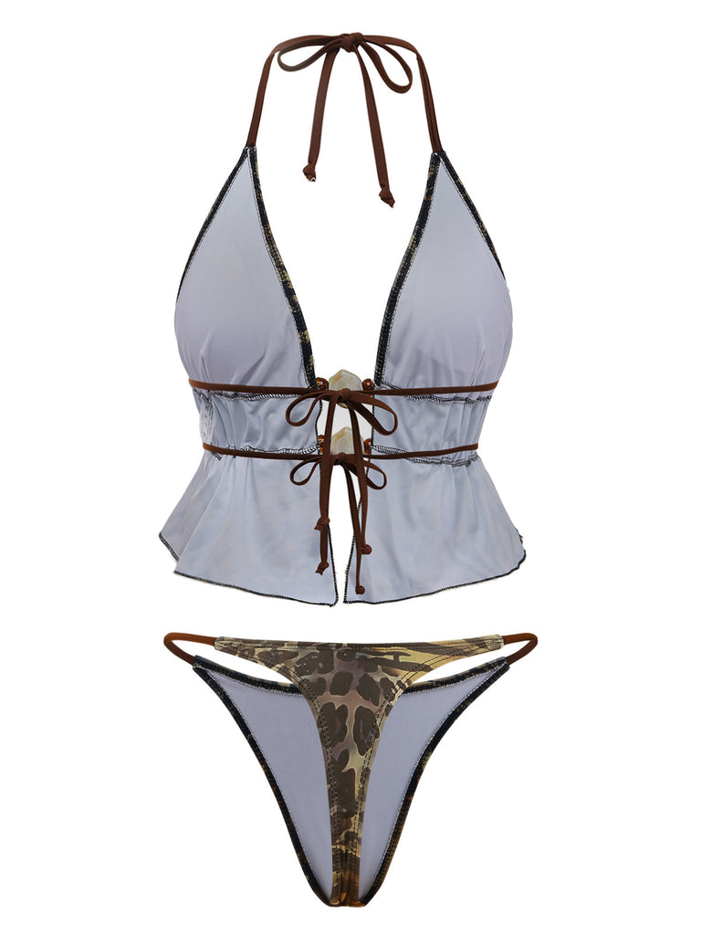 Hellbraunes 1960er-Tankini-Set mit Leopardenmuster und Rüschen vorne zum Binden