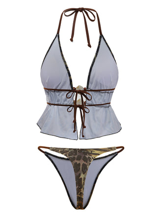 Hellbraunes 1960er-Tankini-Set mit Leopardenmuster und Rüschen vorne zum Binden