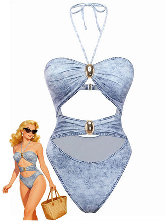 Blau Y2K Denim Muster Halter Cut-Out Einteiliger Badeanzug