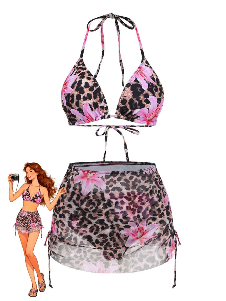 [Vorverkauf] 3PCS 1960er Leopard Druck Blumen Bikini Set & Cover Up