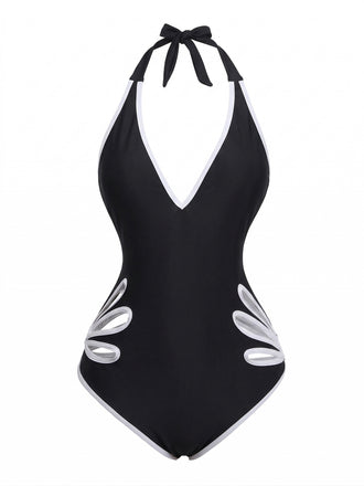 Schwarz 1940er Blumen Cut-Out Halter Einteiliger Badeanzug