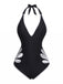 Schwarz 1940er Blumen Cut-Out Halter Einteiliger Badeanzug
