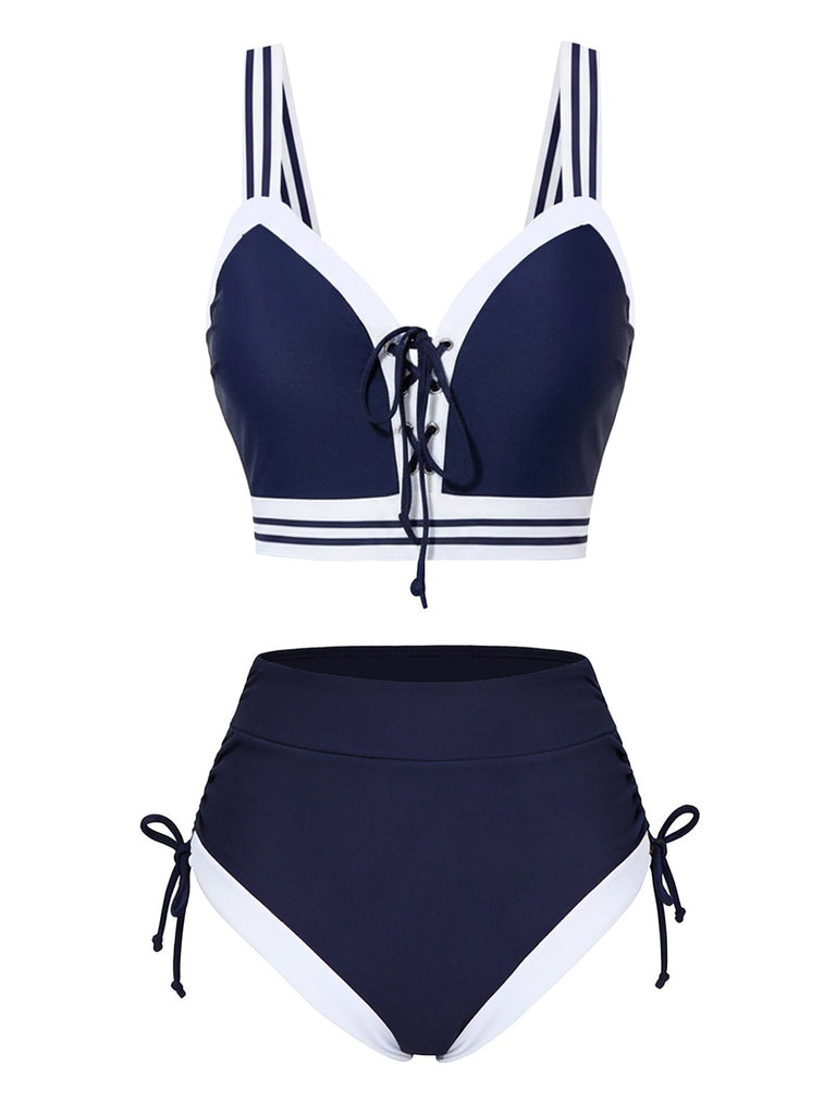 Blau 1940er Nautisch Streifen Schnürung Bikini Set