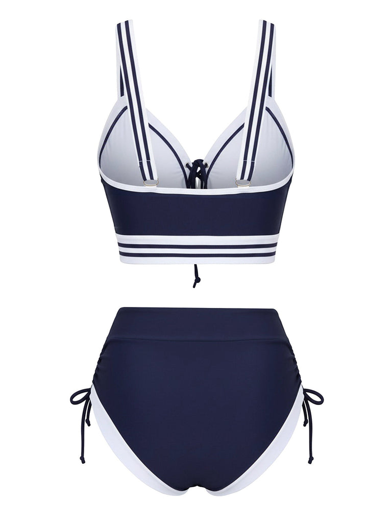 Blau 1940er Nautisch Streifen Schnürung Bikini Set
