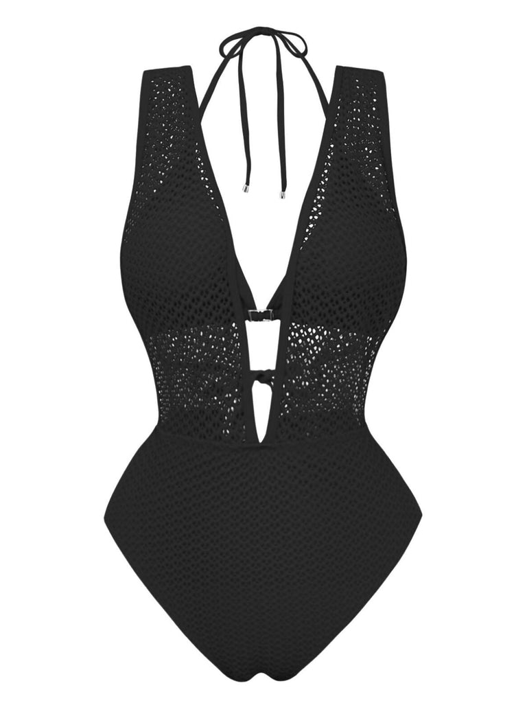 1950er Tief V-Ausschnitt Häkel Netz Halter Bademode