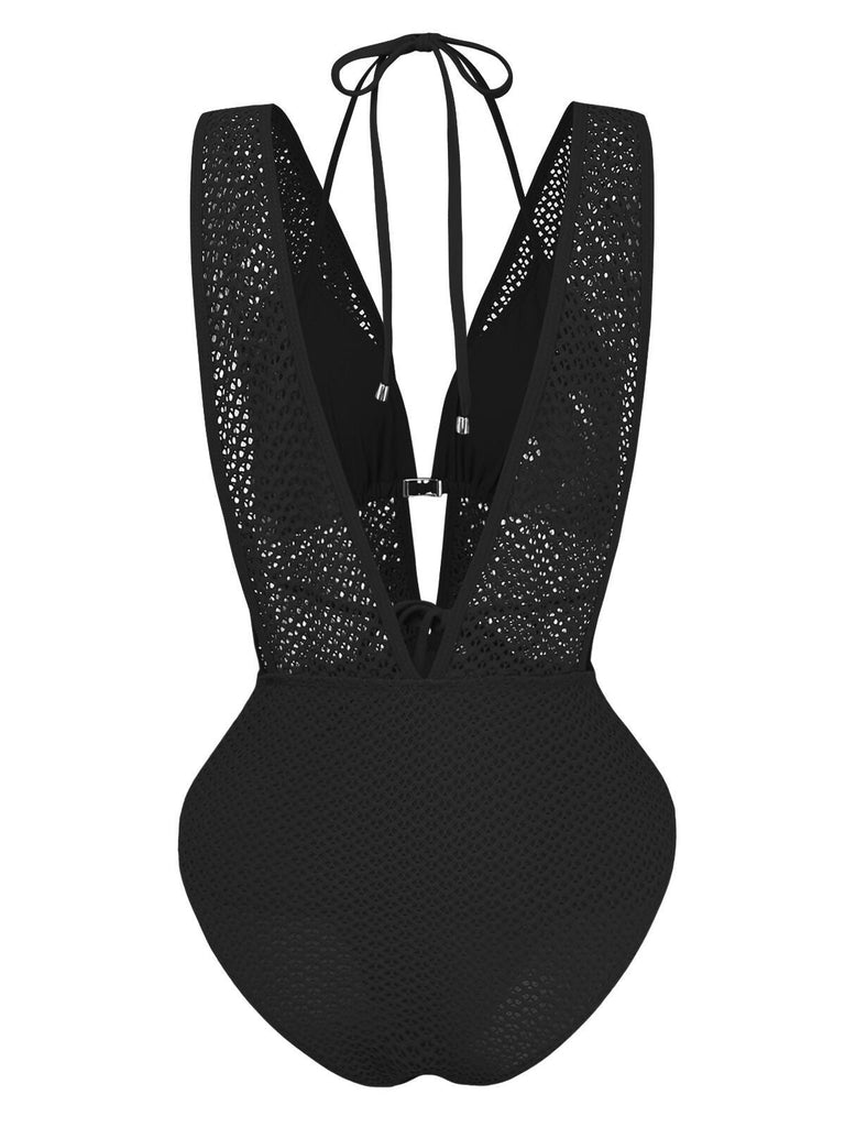 1950er Tief V-Ausschnitt Häkel Netz Halter Bademode