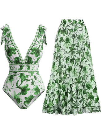 Grün 1940er Blumen Schulterband Einteiliger Badeanzug & Cover-Up