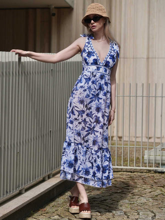 Blau 1940er Blumen Schulterband Einteiliger Badeanzug & Cover-Up