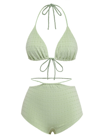 Grünes 30er Bikini-Set mit Neckholder und Hohe Taille