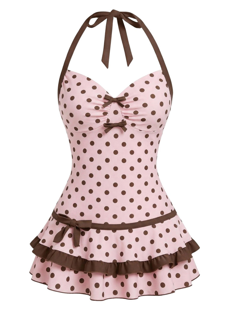 Rot 1940er Polka Dot Halter Bogen Einteilig Badeanzugkleid