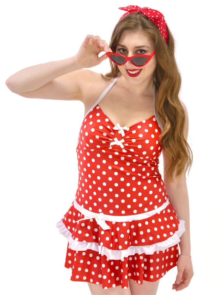 Rot 1940er Polka Dot Halter Bogen Einteilig Badeanzugkleid