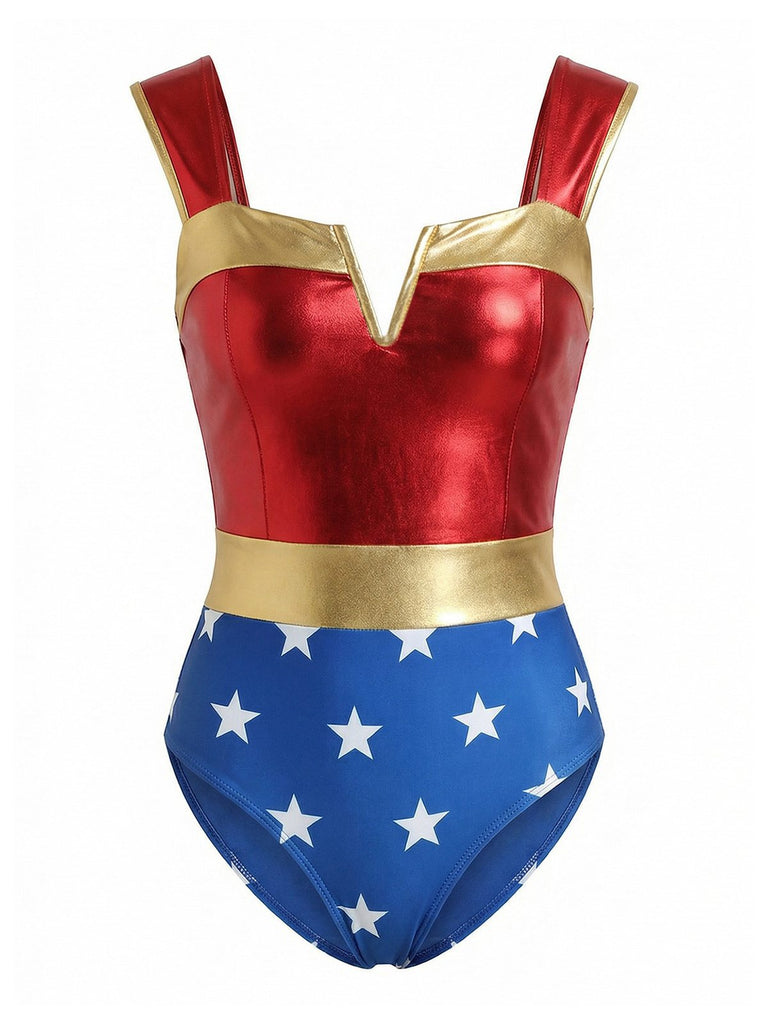 Mehrfarbiger 70er Wonder Woman Badeanzug mit Sternen-Print