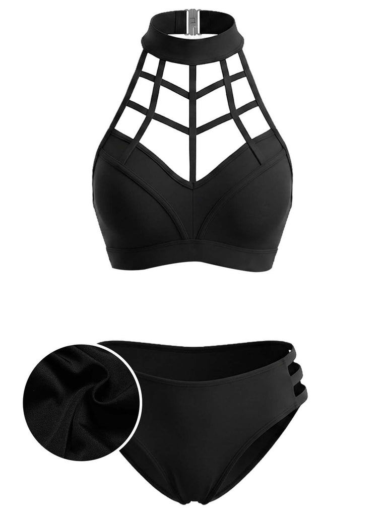 Schwarzes 70er Gothic Bikini-Set mit Neckholder und Cut-out
