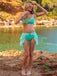 70er Bikini-Set mit Jasmin, schulterfrei und Rüschen in Türkis