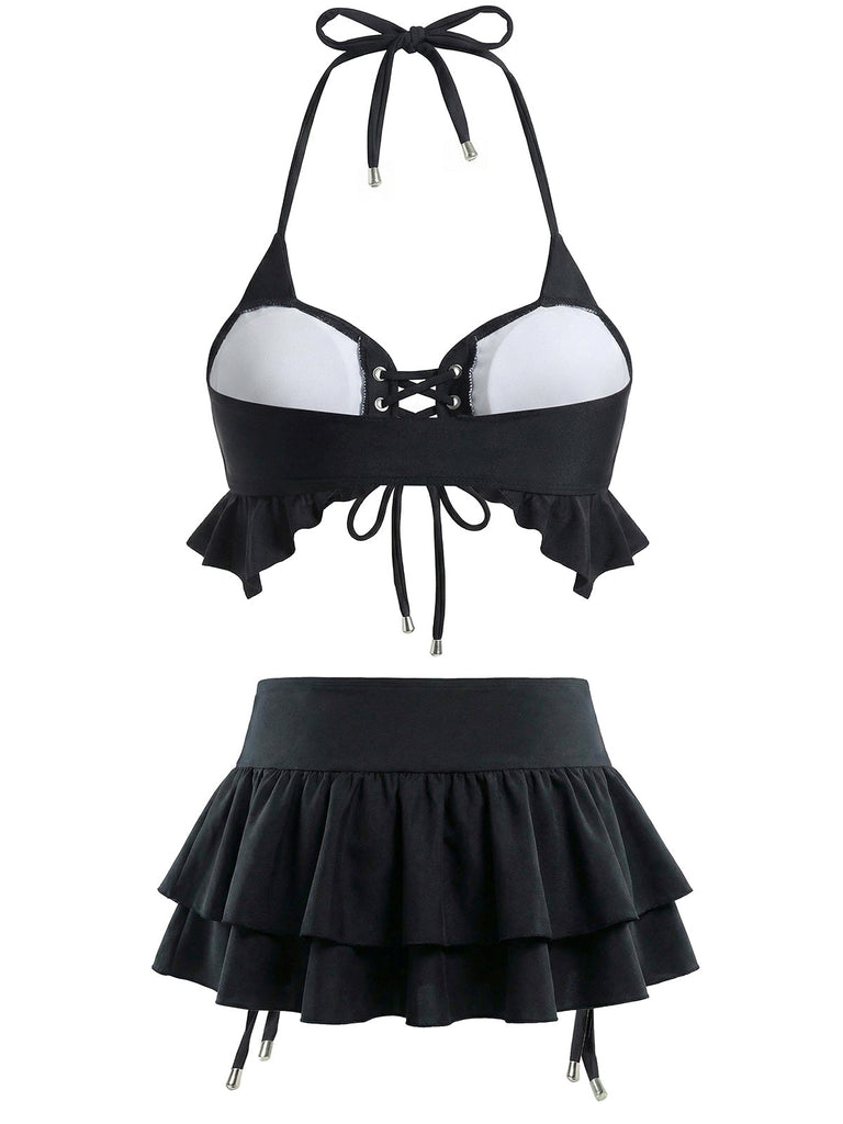 Schwarz 1950er Neckholder Schnürung Bikini Set & Gestuft Cover Up