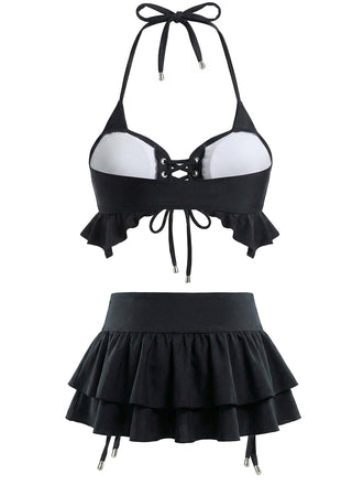 Schwarz 1950er Neckholder Schnürung Bikini Set & Gestuft Cover Up