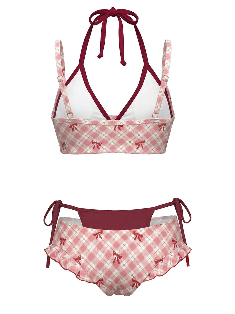 [Vorverkauf] Grünes 50er Bikini-Set mit Karomuster und doppellagigem Design
