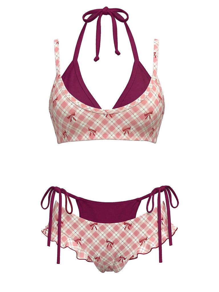 [Vorverkauf] Grünes 50er Bikini-Set mit Karomuster und doppellagigem Design