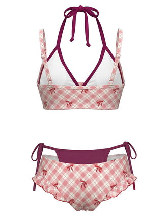 Lila 1950er Kariert Bogen Halter Doppelschicht Bikini Set