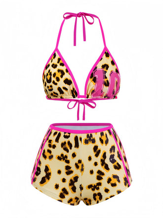Braun 1950er Leopard Halter Farbblock Bikini Set