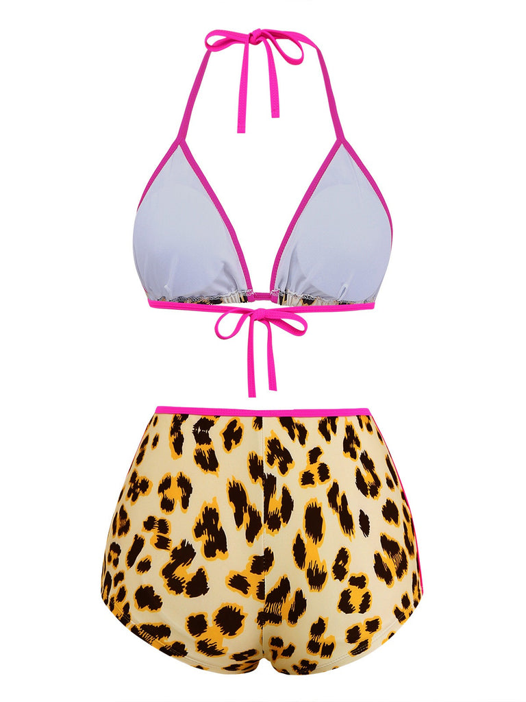 Braun 1950er Leopard Halter Farbblock Bikini Set